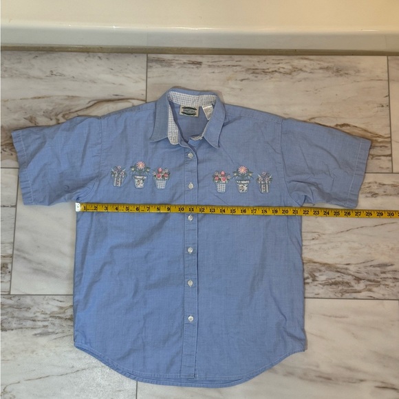 Separate Issue Floral Embroidered Button Down Shirt Size S Blue Gingham Trim - Picture 5 of 7